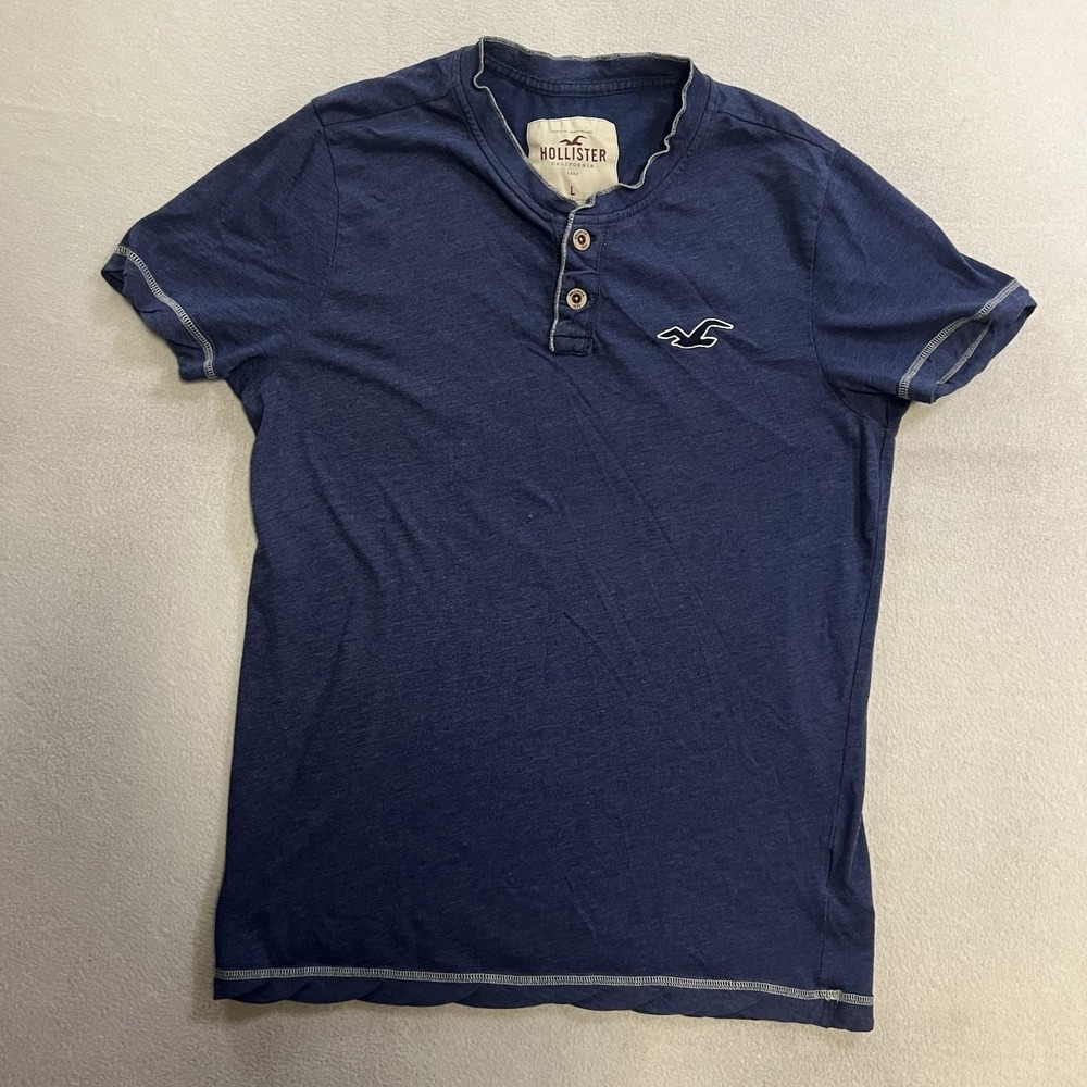 Hollister Y2K Mens Blue Heathered Short Sleeve Henley Shirt Size L Seagull Logo